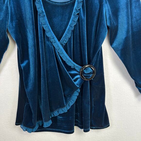 Woman's Velvet Teal Semi Wrap Shirt -Size Medium Y2K Vintage Whimsygoth - Picture 3 of 11